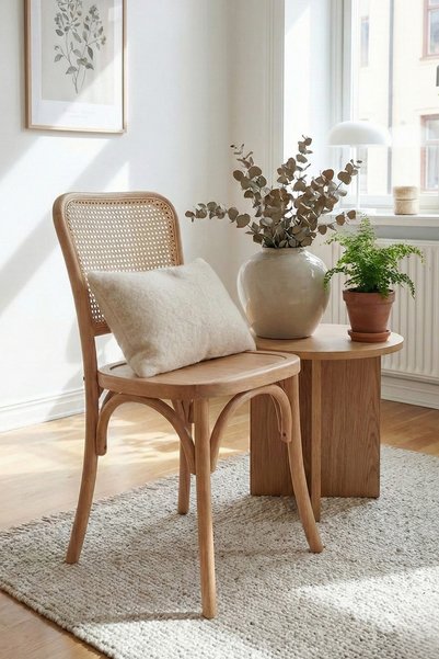 Woodenbend West Naturel Ahşap 4 adet Hasır Detay Sandalyeli Oval Mutfak Masa Takımı 80x130 – Bohem İskandinav
