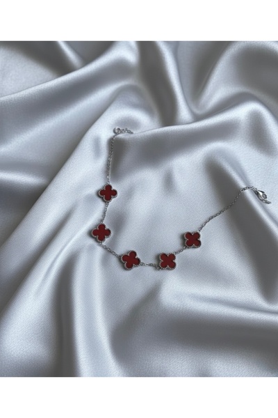 Gulsah's Store Steel Silver Burgundy Five-Leaf Clover Bracelet