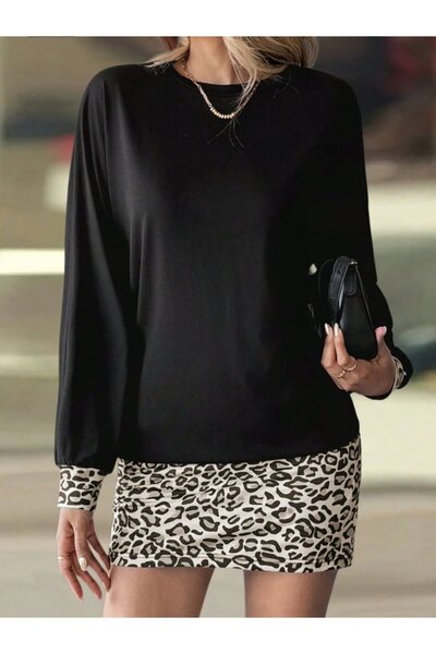 buğrahayalin Women's Long Sleeve Crew Neck Top Viscose Two Thread Bottom Leop...