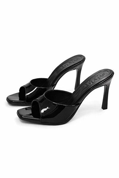 CRAFT MODA Women's Black Patent Leather Thin Heeled Slippers – Open Toe Styli...