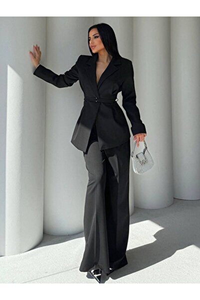 Vesua طقم سترة وبنطلون أسود فاخر عالي الجودة بحزام رفيع