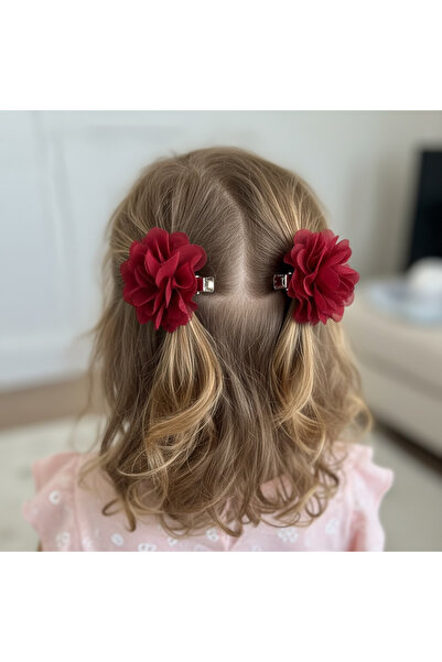 BTRENDY Kız çocuk çiçekli dolgun 2’li klips toka bordo