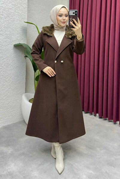 Kalemen Moda Double-Breasted Imported Cashmere Coat with Fur Collar 1010 Brown
