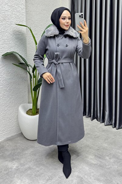 Kalemen Moda Kürk Yaka Kaşe Kaban 1009 Gri