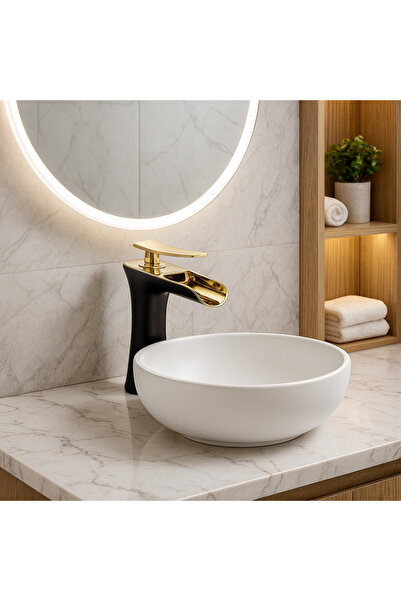 banyosepeti صنبور حوض غسيل كاسكيد مات باللون الأسود والذهبي - تدفق شلال، تصمي...