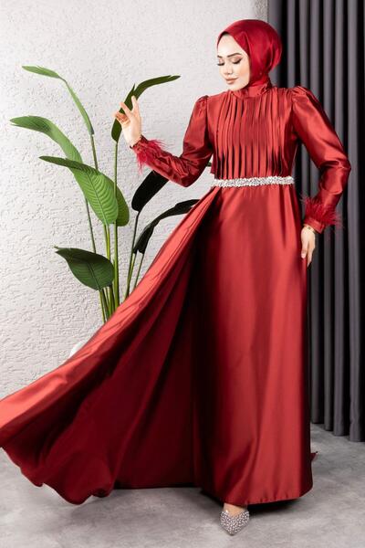 Kalemen Moda Beli Taşlı Drapeli Abiye 8006 Bordo