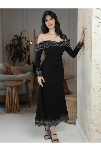 Nice Model Elegant Black Off Shoulder Midi Dress with Sequin Lace Trim Long S...