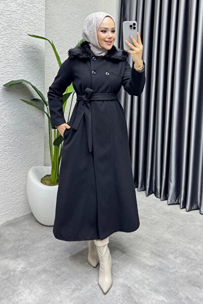 Kalemen Moda Kürk Yaka Kaşe Kaban 1009 Siyah