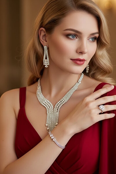 CAŞ DEKORASYON Silver Color Stone 4-Piece Evening Dress Set