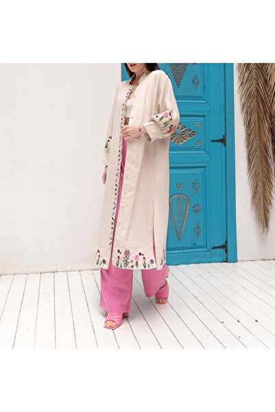 Burcia Floral Embroidered Belted Linen Kimono