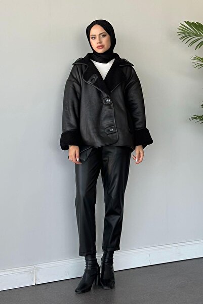 BELİZMOD Else Suede Textured O Oversized Zr Model Coat with Plush Fur Inside