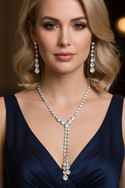 CAŞ DEKORASYON Silver Color Stone Evening Dress Set