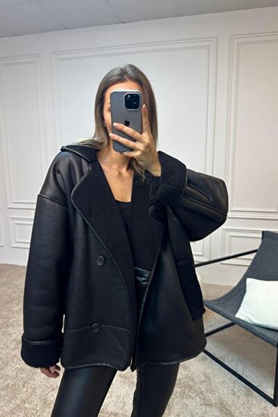 BELİZMOD Else Suede Textured O Oversized Button Coat with Plush Fur Inside