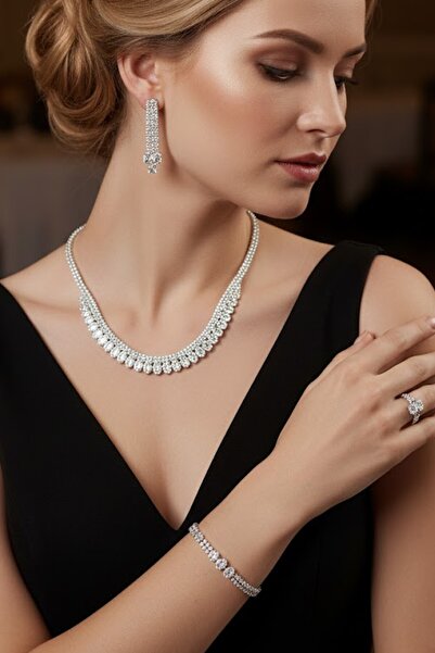 CAŞ DEKORASYON Silver Color Stone 4-Piece Evening Dress Set