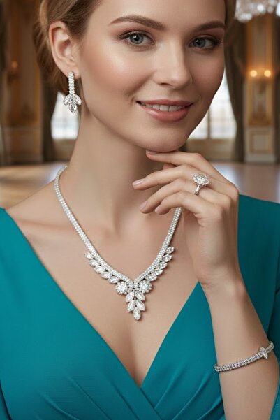 CAŞ DEKORASYON Silver Color Stone 4-Piece Evening Dress Set