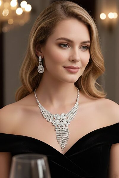 CAŞ DEKORASYON Silver Color Stone Evening Dress Set