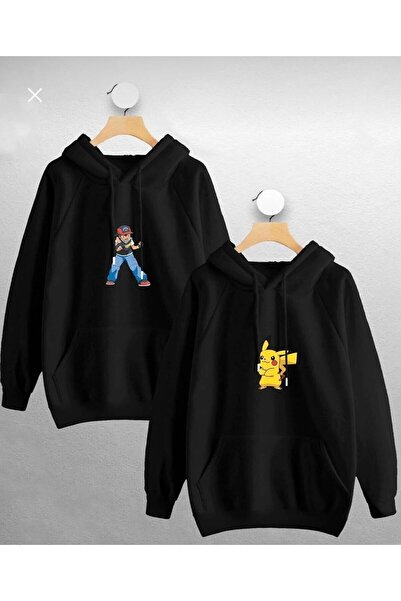 LELVANİ Patterned Couple Lover Hoodie with Print - Ash & Pikachu
