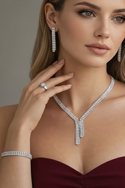 CAŞ DEKORASYON Silver Color Stone 4-Piece Evening Dress Set