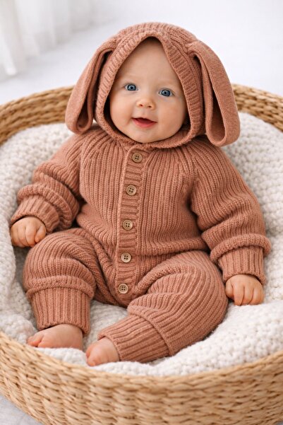 Minytrendy Kız Erkek Bebek Tavşan Kulak Kapüşonlu Selanik Triko Yenidoğan Tul...