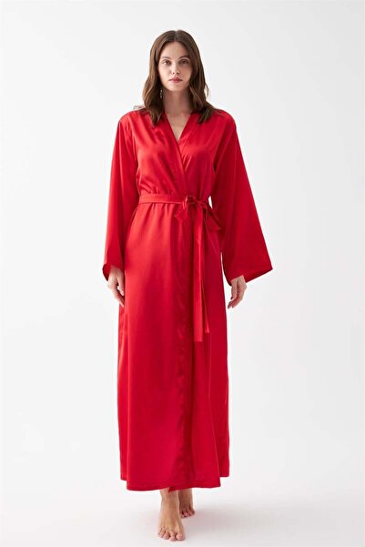 modaserdem Akbeniz Women's Long Red Satin Dressing Gown