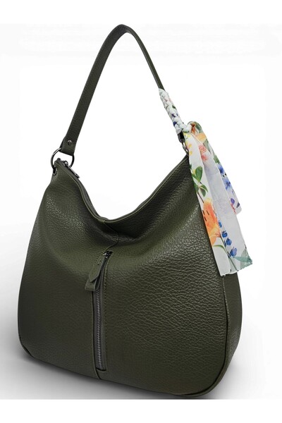 Evident Green Soft Textured Women's Shoulder Bag with Scarf Detail