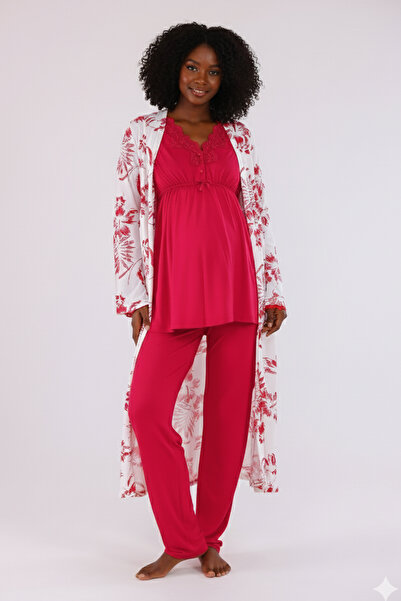 lohusahamile Cherry Pattern Dressing Gown Lace Detailed Dressing Gown Materni...