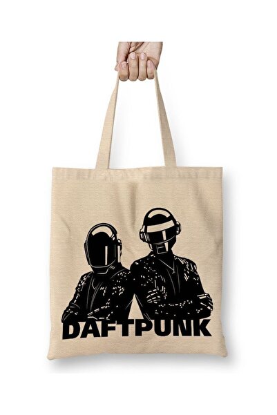 Toyaso Daft Punk 02 Λευκή υφασμάτινη τσάντα με μακριά λαβή Τσάντα αγορών Τσάν...