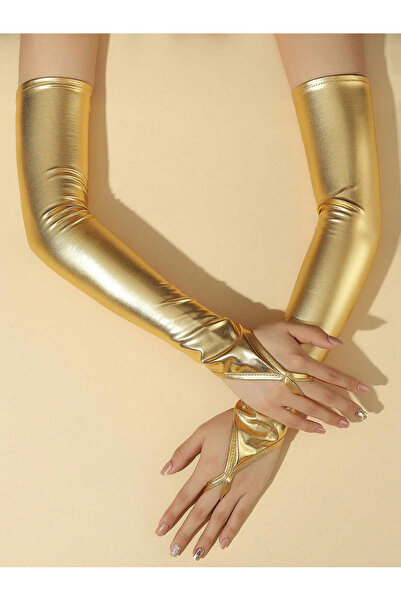 Veille Gold Lame Metallic Shiny Long Fingerless Gloves & Fancy Accessory-Stag...