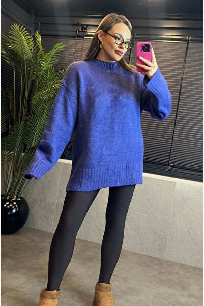 MİR STORE Blue Oversized Crew Neck Soft Long Sweater