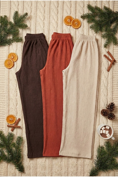 SİERNA Women's 3-Piece Seersucker Fabric Pants Set Brick Brown Beige Colored ...