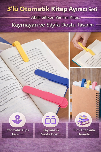Hane Dostu 3’lü Otomatik Kitap Ayıracı Seti – Akıllı Silikon Yer İmi Klips, K...