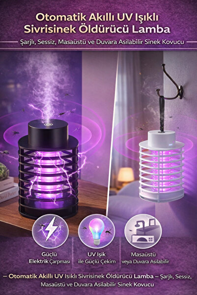 Hane Dostu Otomatik Akıllı UV Işıklı Sivrisinek Lamba – Şarjlı, Sessiz, Masaü...