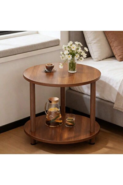 Mtanvxay طاولة خشبية بنية صغيرة دائرية من طابقين، ارتفاعها 20.87 بوصة، مع مسا...