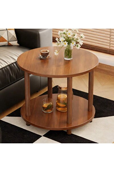 Mtanvxay Brown Wooden Double Layer Small Round Side Table 20.87 In High Open ...