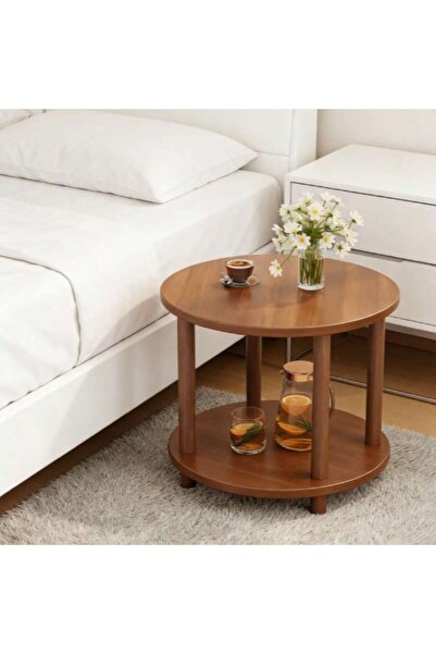 Mtanvxay طاولة جانبية صغيرة مستديرة بنية اللون مصنوعة من الخشب، ذات طبقتين، ب...