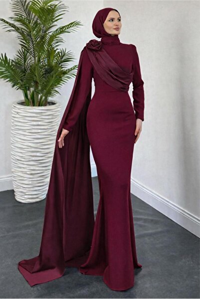 TRENDTESETTÜR KADIN BORDO PELERİN DETAYLI ABİYE T 6535