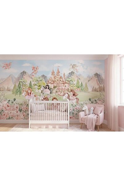 Ayzun Tek Parça Kumaş Tekstil - Prenses ve Şato Kız Çocuk Odası Duvar Kağıdı