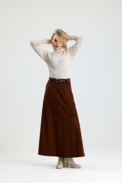 Rose Quenn Kadife Kumaşından Kahverenği Uzun Kışlık Çan Etek