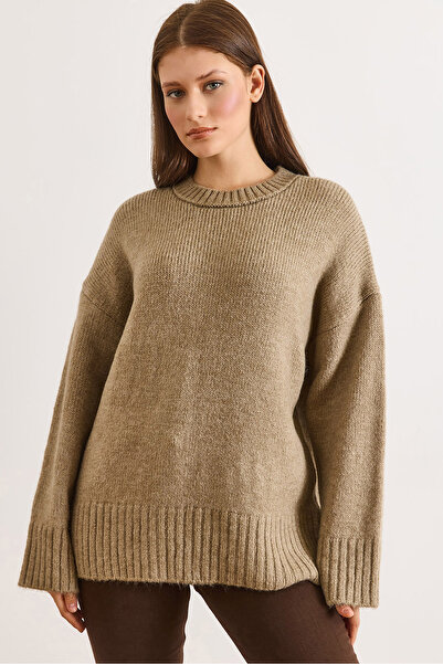 Olalook Women's Mink Crew Neck Thick Banded Oversized Knitwear Sweater Kzk-19...