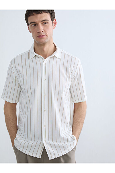 LC Waikiki Ecru Regular Fit Striped Men's Shirt