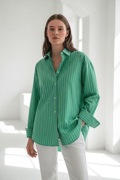 Madmext Mint Green Striped Regular Cut Women's Shirt Mg2610
