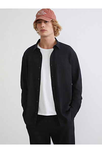 LC Waikiki Μαύρο πουκάμισο ανδρικό λινό με κανονική εφαρμογή