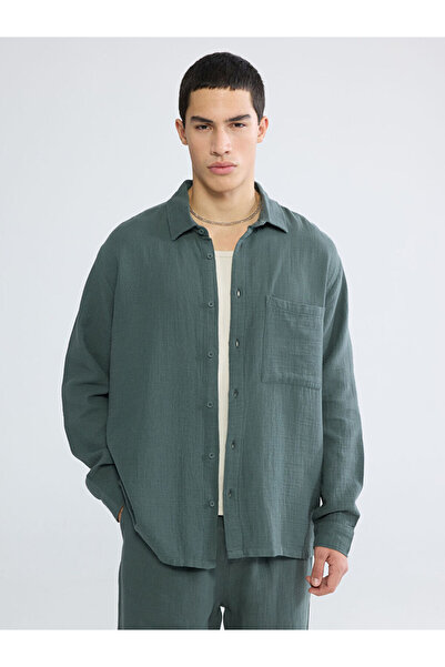 LC Waikiki Cămașă pentru bărbați din muselină, verde, cu croiala obișnuită