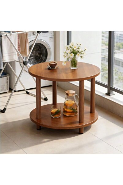 Mtanvxay طاولة جانبية خشبية بنية صغيرة دائرية من طابقين، ارتفاعها 20.87 بوصة،...