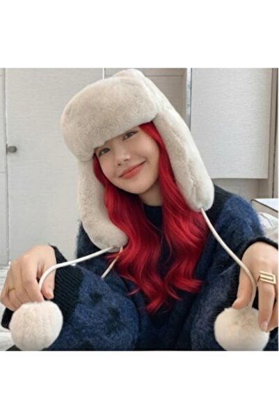 aseh shop Faux fur earmuffs with pom pom pilot hat