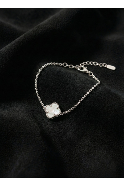 Roza Silver 925 Ayar Beyaz Taşlı Rodyum Tekli Yonca Gümüş Bileklik