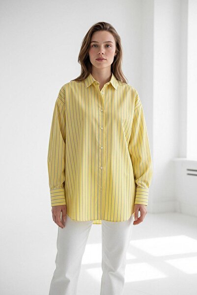 Madmext Yellow Striped Regular Cut Women's Shirt Mg2610