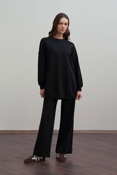 ALLDAY Black-Cotton Lace Paneled Tracksuit Set