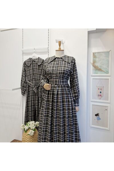 Faya Boutique Haki Yeşili Ekoseli Adeline Elbise