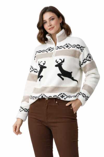 Sibel Günay Butik Women's Standard Size Brown Deer Pattern Fleece Sweatshirt